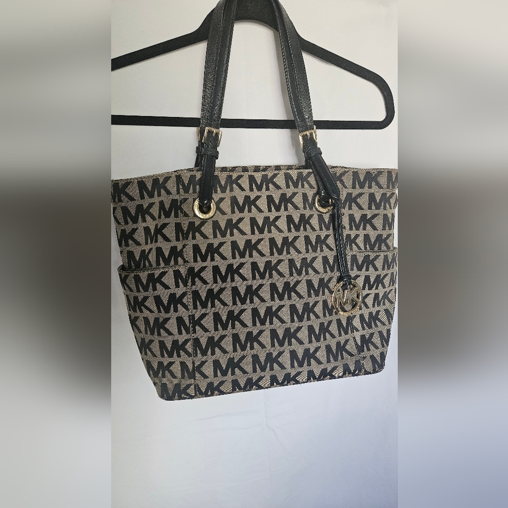 Michael Kors Black and Tan MK Pattern Tote